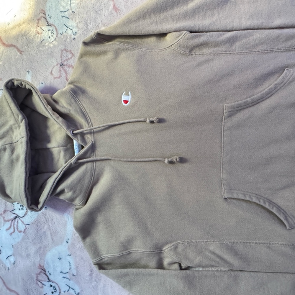 Champion Tan Sweater with Ribbed Cuffs and Drawstring Hood